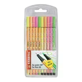 Micropunta/Felpa, Point 88 + Pen 68, Estuche x 10 Unds. Colores Neon