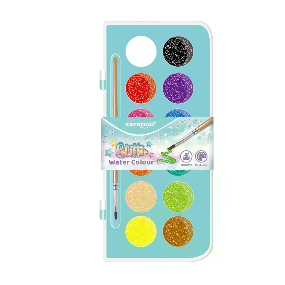 Acuarelas, Col. Glitter, Caja x 12 Und. (28 mm x Und) + Pincel