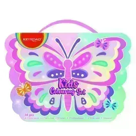 Coloring Kit Set, Butterfly, 54 Pzas, (12x Lápices de Color, 8x Marcadores Escolares, 12x Crayones, 1x Sacapuntas, + Hojas de Color + Stickers), Set