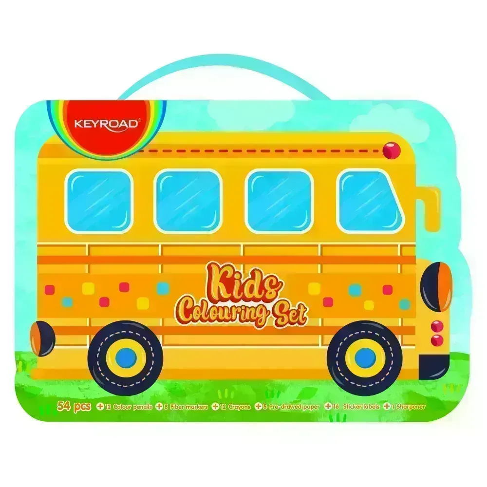 Coloring Kit Set, School Bus, 54 Pzas, (12x Lápices de Color, 8x Marcadores Escolares, 12x Crayones, 1x Sacapuntas, + Hojas de Color + Stickers), Set