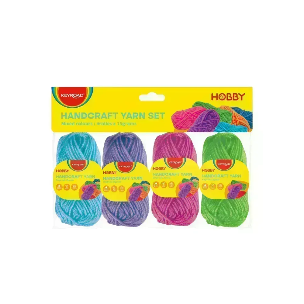 Ovillo de Lana Escolar, 4 Rollos x 15 g. c.u. (Azul, Morado, Rosado, Verde). Bolsa x 4 Unds. 