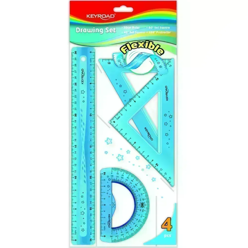 Juego Geometrico Plást, Flexible, 30 cm.,Pack x 4 piezas.
