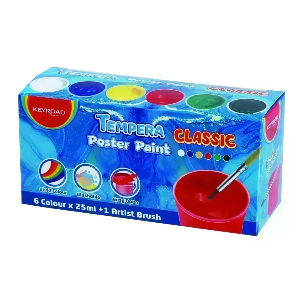 Témpera Escolar, Caja x 6 Colores x 25 mL. Pote Apilable