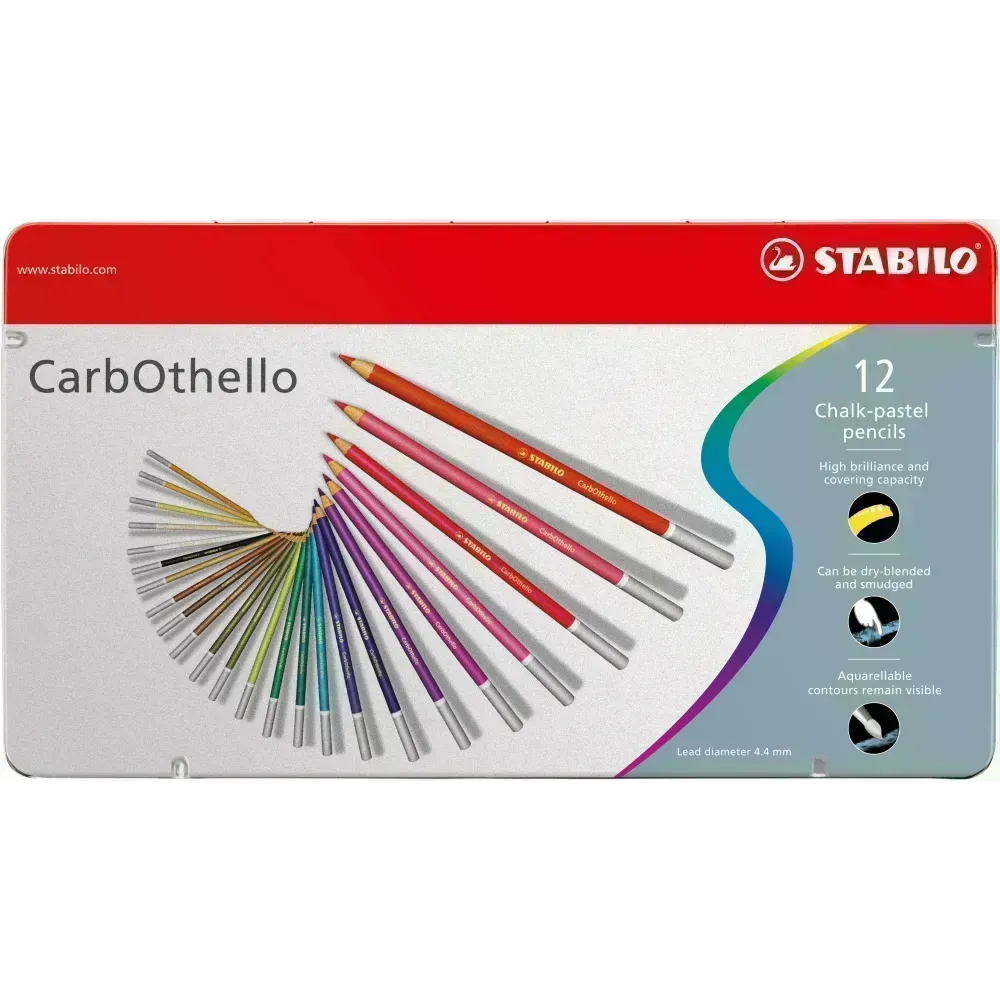 Lápices de Color Tiza Pastel, Carbothello, Cuerpo Circular, Mina 4.4 mm, Caja Metálica x 12 Unds., Colores Surtidos