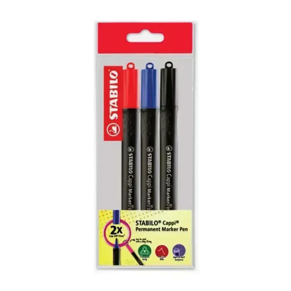 Marc. Permanente para CD, Cappi, Punta Redonda, M 1.0 mm, Pack x 3 Unds. Azul, Negro, Rojo