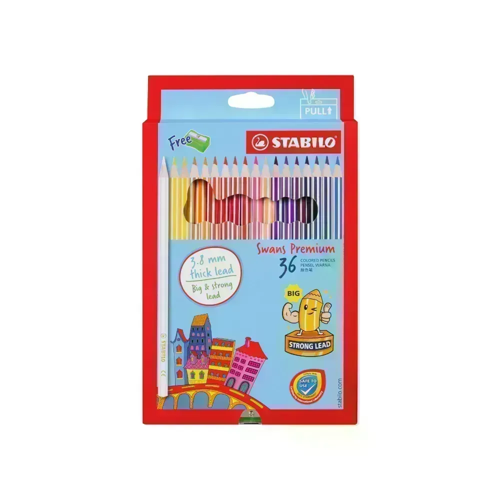 Lápices de Color, Largos, Swans (Edición Premium), Cuerpo Hexagonal, Mina 3.8 mm, Estuche x 36 Colores. 