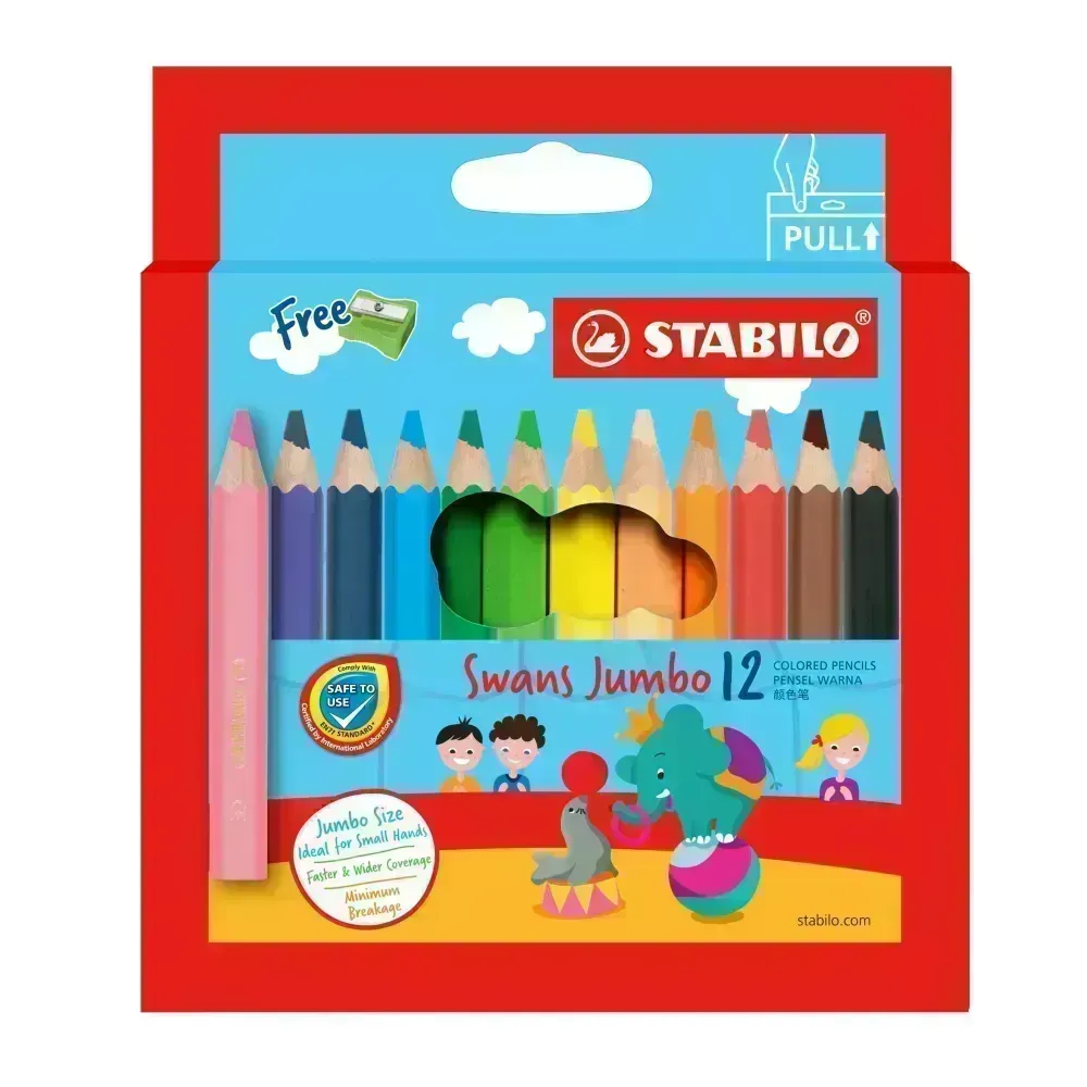 Lápices de Color, Cortos, Swans Jumbo, Cuerpo Hexagonal, Mina 5.0 mm, Estuche x 12 Colores. 
