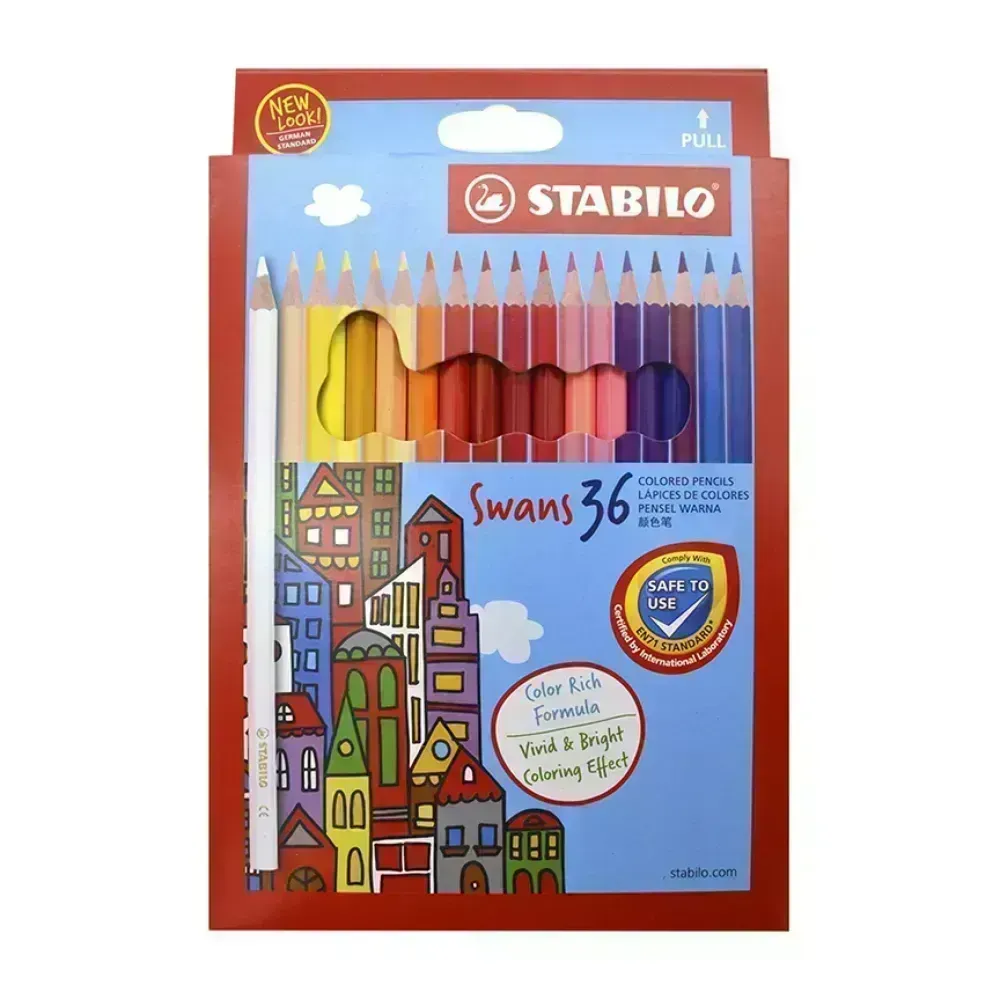 Lápices de Color, Largos, Swans (Diseño Jóvenes-Adultos), Cuerpo Hexagonal, Mina 2.5 mm, Estuche x 36 Colores. 