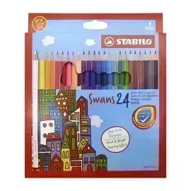 Lápices de Color, Largos, Swans (Diseño Jóvenes-Adultos), Cuerpo Hexagonal, Mina 2.5 mm, Estuche x 24 Colores. 