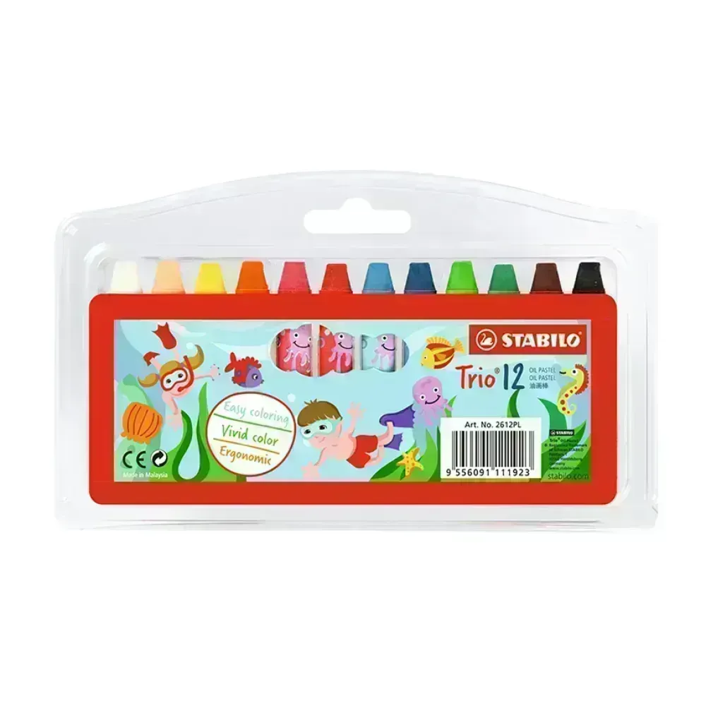 Óleos Pastel, Trio, Cuerpo Triangular, en Estuche Plástico x 12 Unds. 12 Colores Surtidos