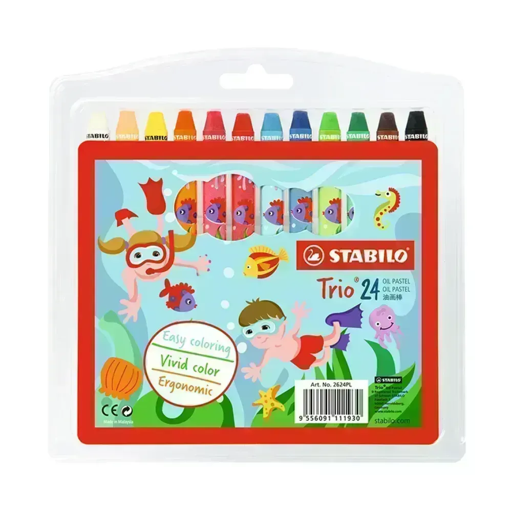 Óleos Pastel, Trio, Cuerpo Triangular, en Estuche Plástico x 24 Unds. 24 Colores Surtidos
