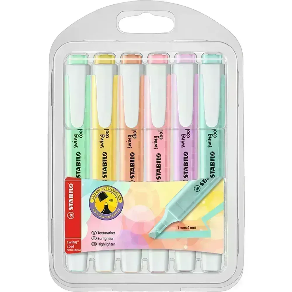 Resaltador, Swing Cool, Punta Biselada 1.0-4.0 mm, Colores Pastel, Estuche x 6 Unds. Colores Surtidos