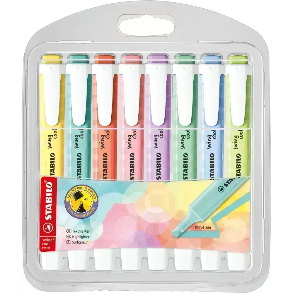 Resaltador, Swing Cool, Punta Biselada 1.0-4.0 mm, Colores Pastel, Estuche x 8 Unds. Colores Surtidos