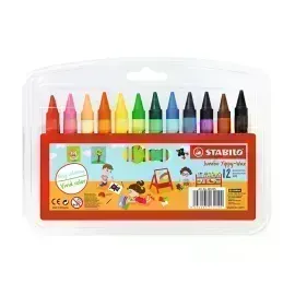 Crayones de Cera, Yippy Wax Jumbo, Cuerpo Circular, 10 mm, en Estuche Plástico x 12 Unds. 12 Colores Surtidos.
