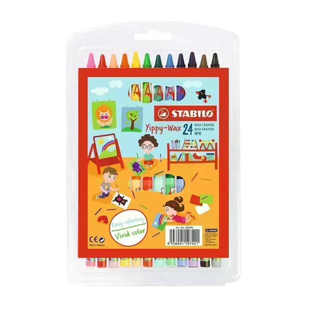 Crayones de Cera, Yippy Wax, Cuerpo Circular, 7 mm, en Estuche Plástico x 24 Unds. 24 Colores Surtidos.
