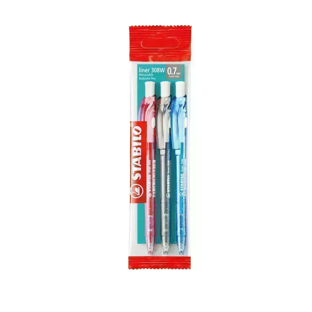 Bolígrafo Retractil, Liner 308NF, Punta Aguja 0.38 mm, Pack x 3 Unds., Azul, Negro, Rojo