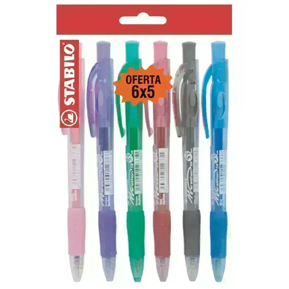 Bolígrafo Retractil, Marathon 318, Punta Media 0.45 mm, Pack x 6 Unds., 6 Colores Surtidos