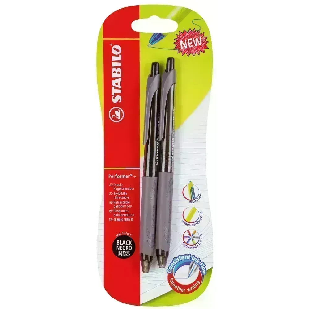 Bolígrafo Retractil, Performer+ Grip, Punta Fina 0.38 mm, Negro, Pack x 2 Unds.