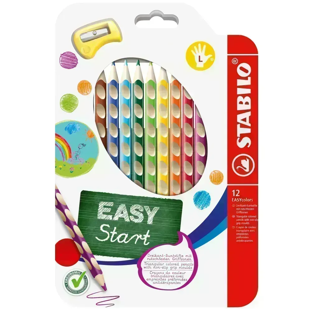 Lápices de Color, Largos, Easy Colors Ergonómicos, (para Zurdos), Cuerpo Triangular, Mina 4.2 mm, Estuche x 12 Colores. 