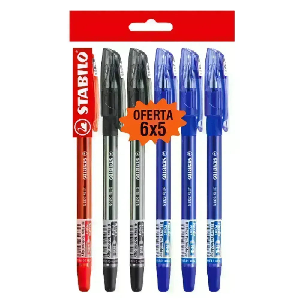 Bolígrafo, Bille Hi-Flux 508NF, Punta Aguja 0.38 mm, Pack x 6 Unds., 3x Azul, 2x Negro, 1x Rojo