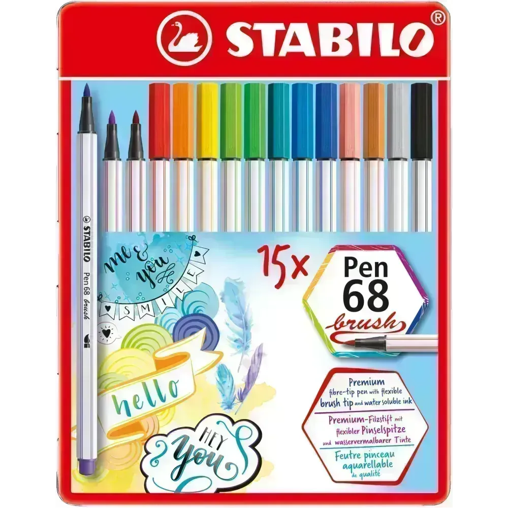 Marcador, Pen 68 Brush, Punta Pincel Flexible, Caja Metal x 15 Unds. 15 Colores Surtidos
