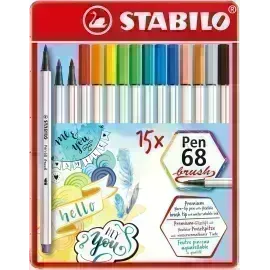 Marcador, Pen 68 Brush, Punta Pincel Flexible, Caja Metal x 15 Unds. 15 Colores Surtidos