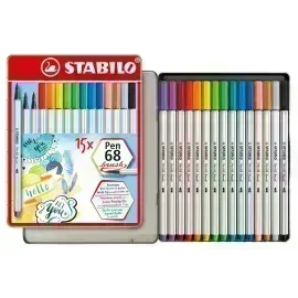 Marcador, Pen 68 Brush, Punta Pincel Flexible, Caja Metal x 15 Unds. 15 Colores Surtidos