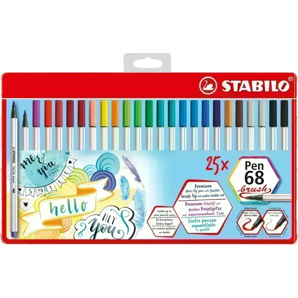 Marcador, Pen 68 Brush, Punta Pincel Flexible, Caja Metal x 25 Unds. 25 Colores Surtidos