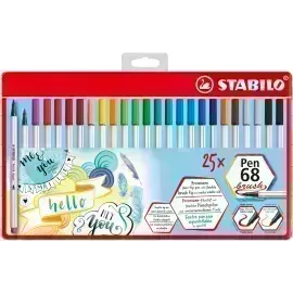 Marcador, Pen 68 Brush, Punta Pincel Flexible, Caja Metal x 25 Unds. 25 Colores Surtidos