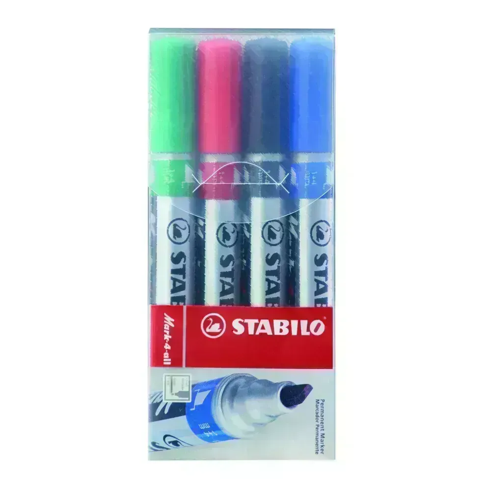 Marc. Permanente, Mark-4-all, Punta Biselada, 1.0-4.0 mm, Estuche x 4 Unds. Azul, Negro, Rojo, Verde