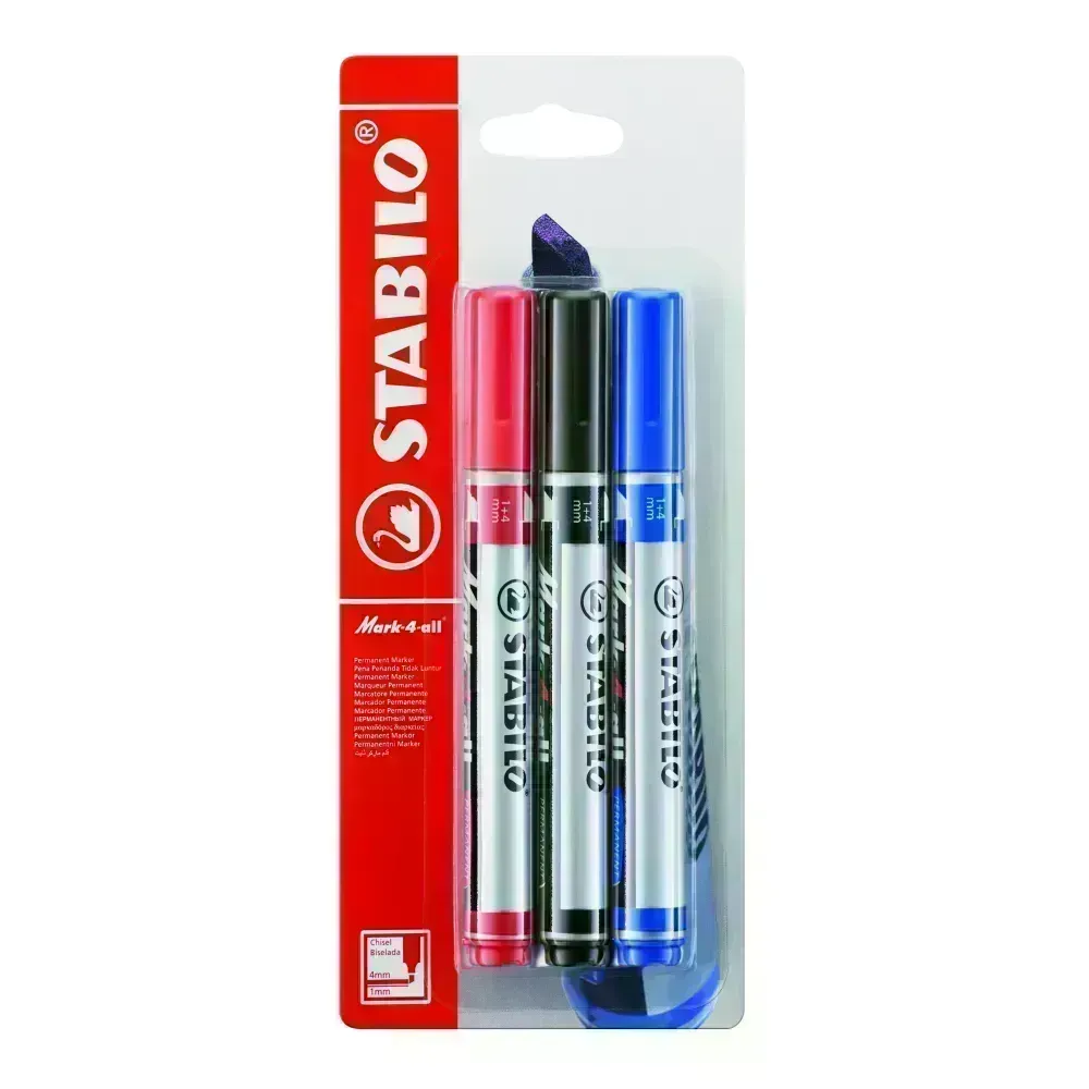 Marc. Permanente, Mark-4-all, Punta Biselada, 1.0-4.0 mm, Blister x 3 Unds. Azul, Negro, Rojo