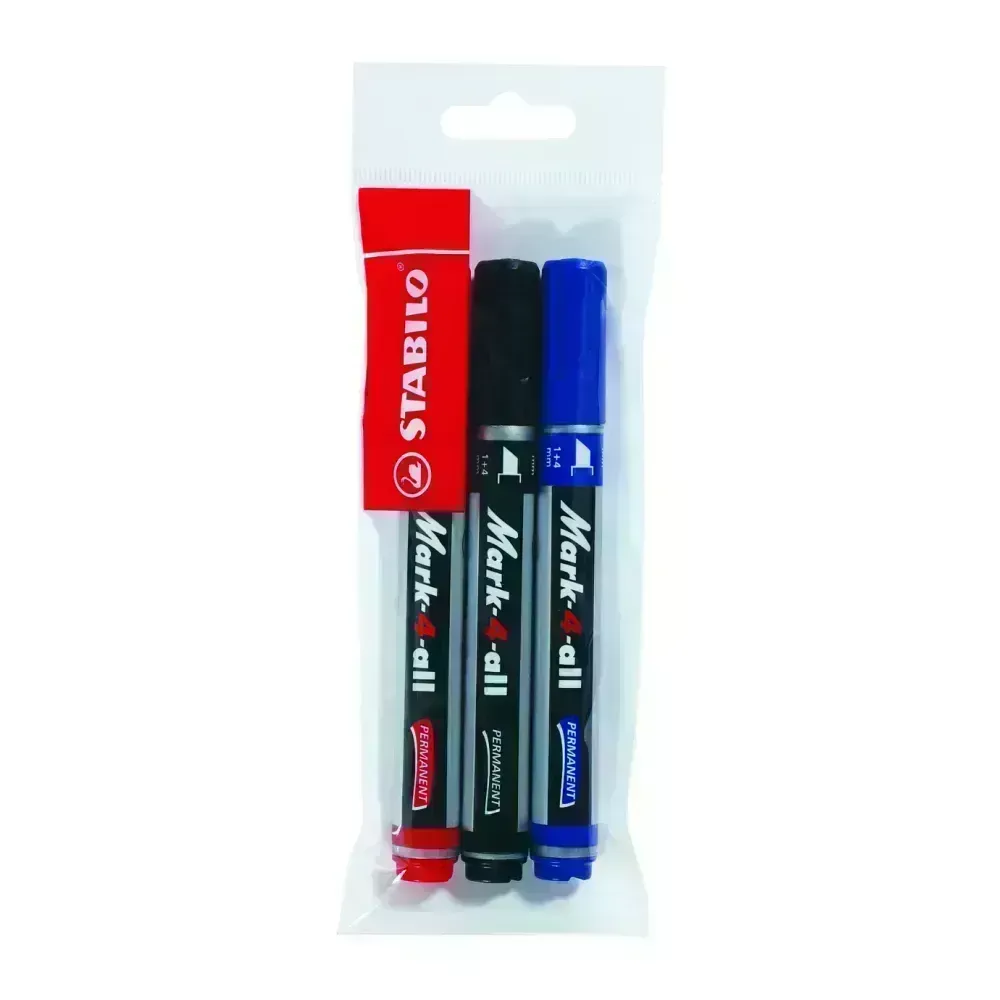 Marc. Permanente, Mark-4-all, Punta Biselada, 1.0-4.0 mm, Pack x 3 Unds. Azul, Negro, Rojo