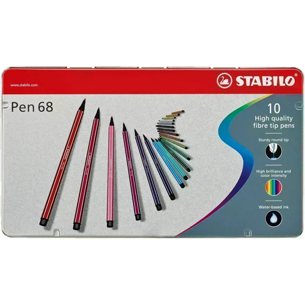 Marcador, Pen 68, Punta 1.0 mm, Caja Metal x 10 Unds. 10 Colores Surtidos