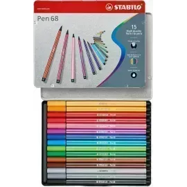 Marcador, Pen 68, Punta 1.0 mm, Caja Metal x 15 Unds. 15 Colores Surtidos