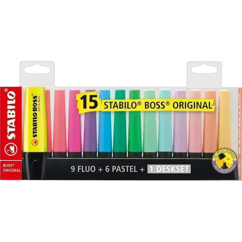 Resaltador, Boss, Punta Biselada 2.0-5.0 mm, Colores Fluo, Set de Escritorio x 15 Unds. Colores Surtidos