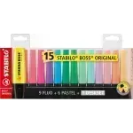 Resaltador, Boss, Punta Biselada 2.0-5.0 mm, Colores Fluo, Set de Escritorio x 15 Unds. Colores Surtidos