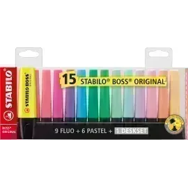 Resaltador, Boss, Punta Biselada 2.0-5.0 mm, Colores Fluo, Set de Escritorio x 15 Unds. Colores Surtidos