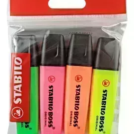 Resaltador, Boss, Punta Biselada 2.0-5.0 mm, Colores Fluo, Pack x 4 Unds. Colores Surtidos.