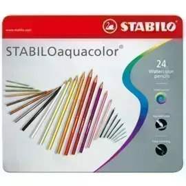 Lápices de Color Acuarelables, Largos, Aquacolor, Cuerpo Hexagonal, Mina 2.8 mm, Caja Metal x 24 Colores. 