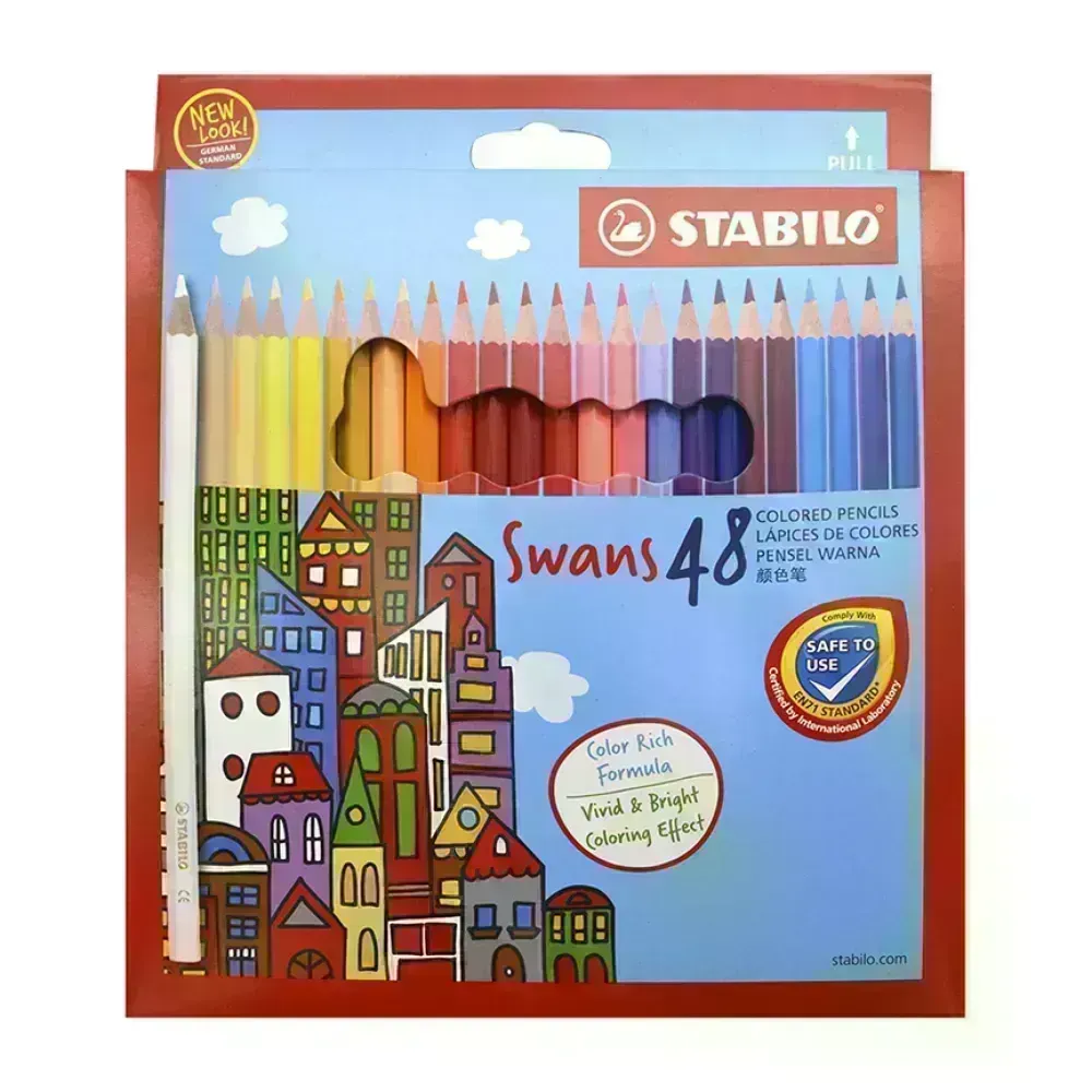 Lápices de Color, Largos, Swans (Diseño Jóvenes-Adultos), Cuerpo Hexagonal, Mina 2.5 mm, Estuche x 48 Colores. 