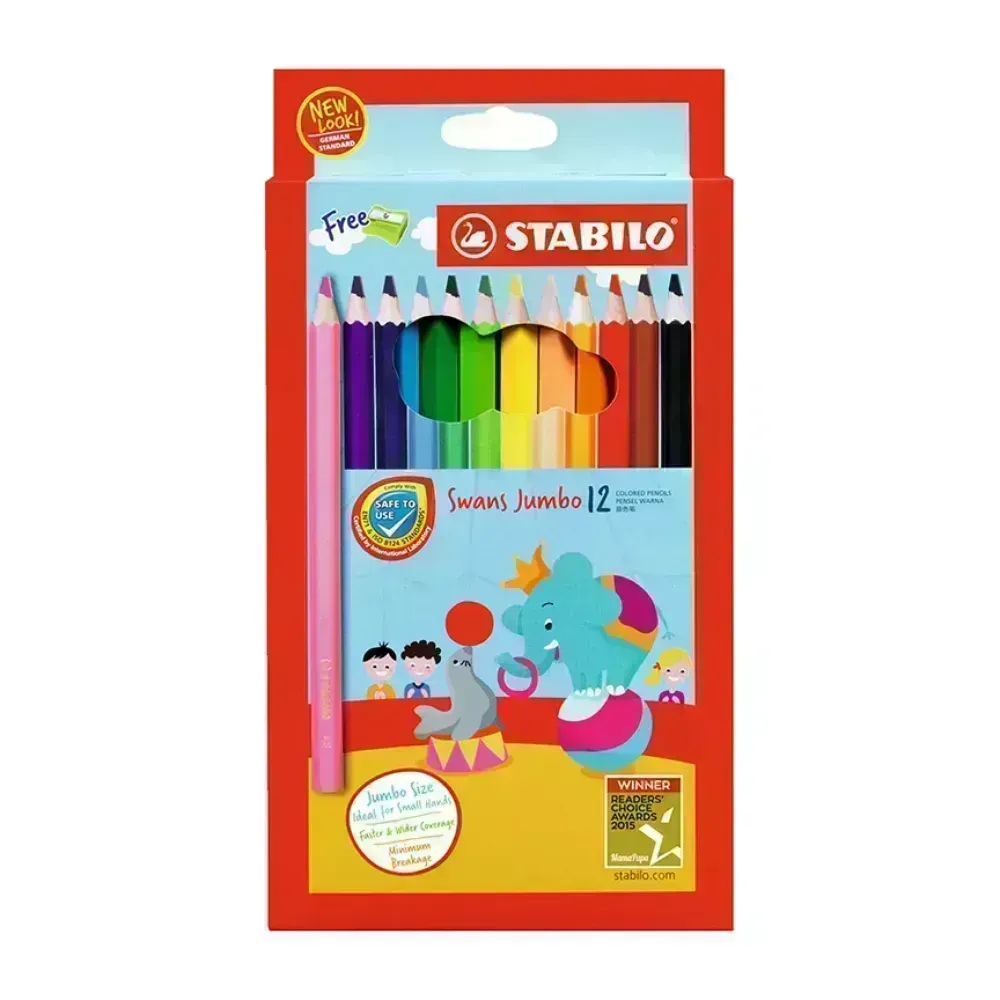 Lápices de Color, Largos, Swans Jumbo, Cuerpo Hexagonal, Mina 5.0 mm, Estuche x 12 Colores. 
