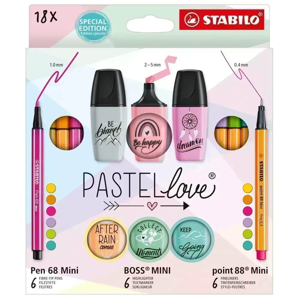 Set Pastellove - 18 pcs., Mini Point 88 x 6 Und. + Mini Pen 68 x 6 Und. + Mini Boss x 6 Und., Colores Pastel Surt., Set.