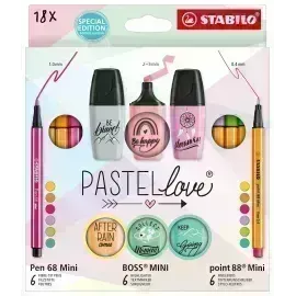 Set Pastellove - 18 pcs., Mini Point 88 x 6 Und. + Mini Pen 68 x 6 Und. + Mini Boss x 6 Und., Colores Pastel Surt., Set.