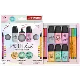 Set Pastellove - 18 pcs., Mini Point 88 x 6 Und. + Mini Pen 68 x 6 Und. + Mini Boss x 6 Und., Colores Pastel Surt., Set.