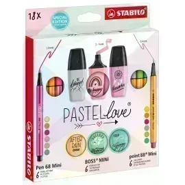 Set Pastellove - 18 pcs., Mini Point 88 x 6 Und. + Mini Pen 68 x 6 Und. + Mini Boss x 6 Und., Colores Pastel Surt., Set.
