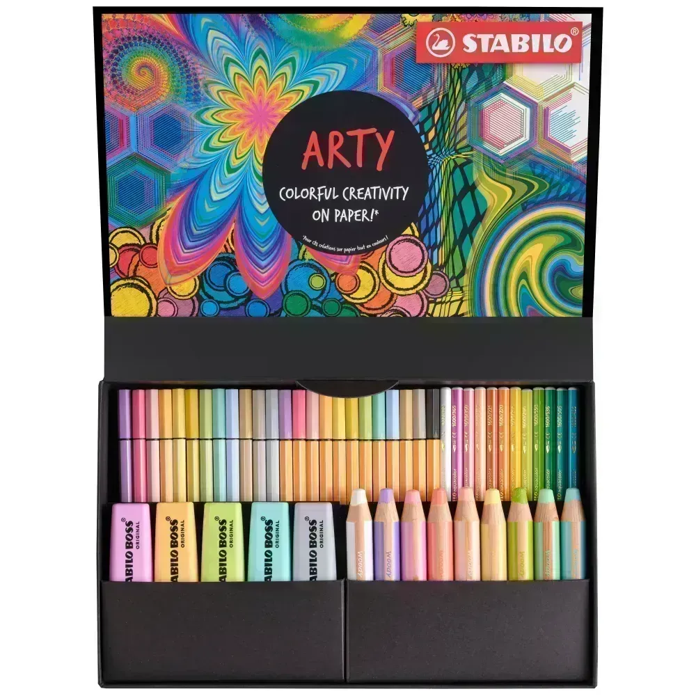 Set Estuche ARTY Creativo - 50 pcs., Boss x 5 Und + Woody x 9 Und + Aquacolor x 12 Und. + Point 88 x 12 Und + Pen 68 x 12 Und., Set.