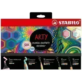 Set Estuche ARTY Creativo - 50 pcs., Boss x 5 Und + Woody x 9 Und + Aquacolor x 12 Und. + Point 88 x 12 Und + Pen 68 x 12 Und., Set.