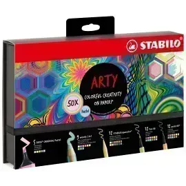 Set Estuche ARTY Creativo - 50 pcs., Boss x 5 Und + Woody x 9 Und + Aquacolor x 12 Und. + Point 88 x 12 Und + Pen 68 x 12 Und., Set.