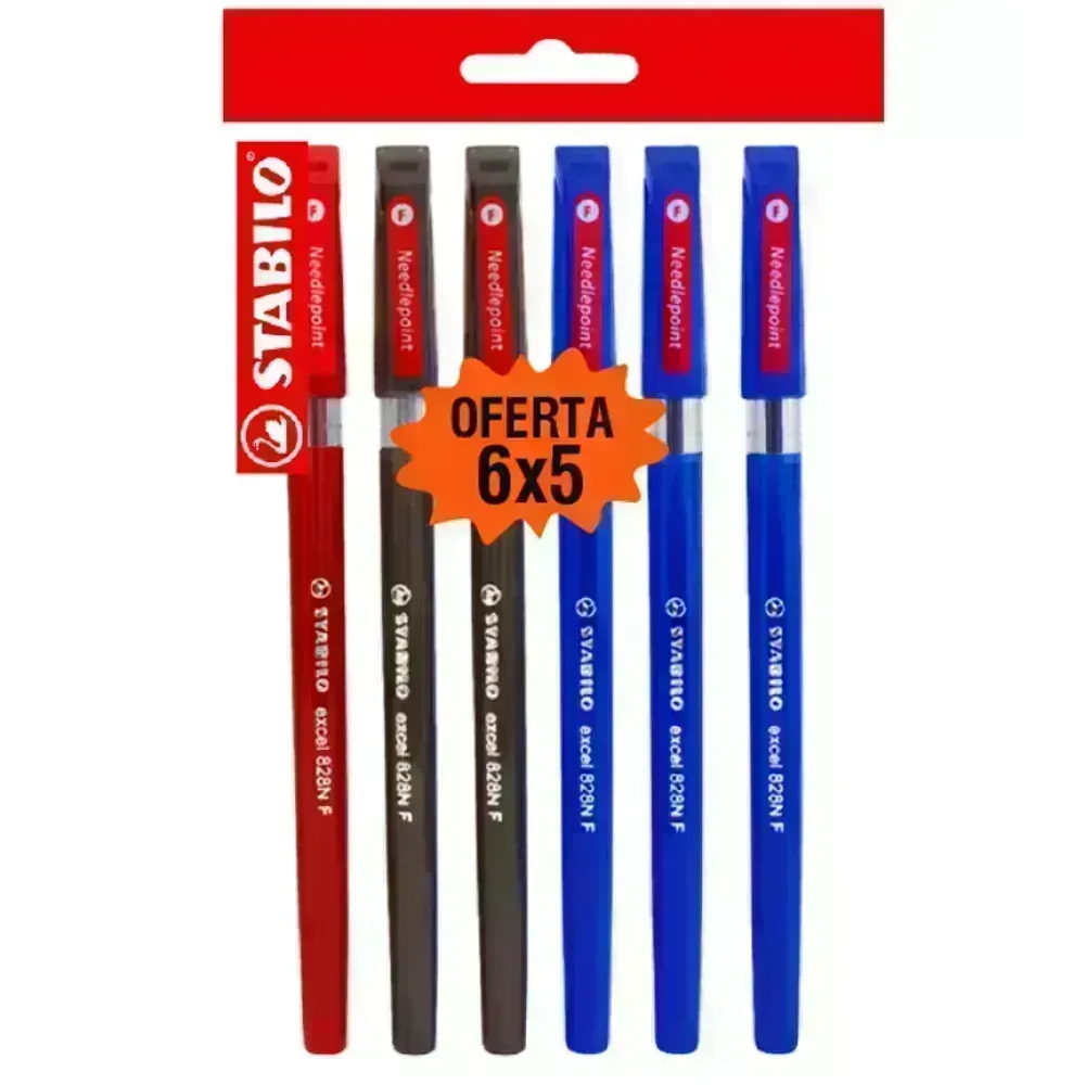 Bolígrafo, Excel 828NF, Punta Aguja 0.38 mm, cuerpo opaco, Pack x 6 Unds. 3x Azul, 2x Negro, 1x Rojo
