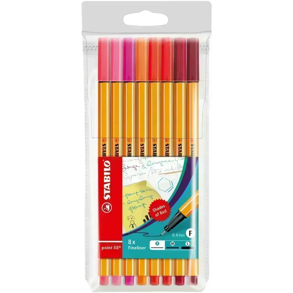 Micropunta/Felpa, Point 88, Punta Fina  0.4 mm, Estuche x 8 Unds. 8 Colores Rojo Surtidos
